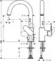 Hansgrohe Einhebel-Waschtischmischer mit Schwenkauslauf und Zugstangen-Ablaufgarnitur in Chrom, technische Zeichnung mit Maßen und Details zur Montage.
